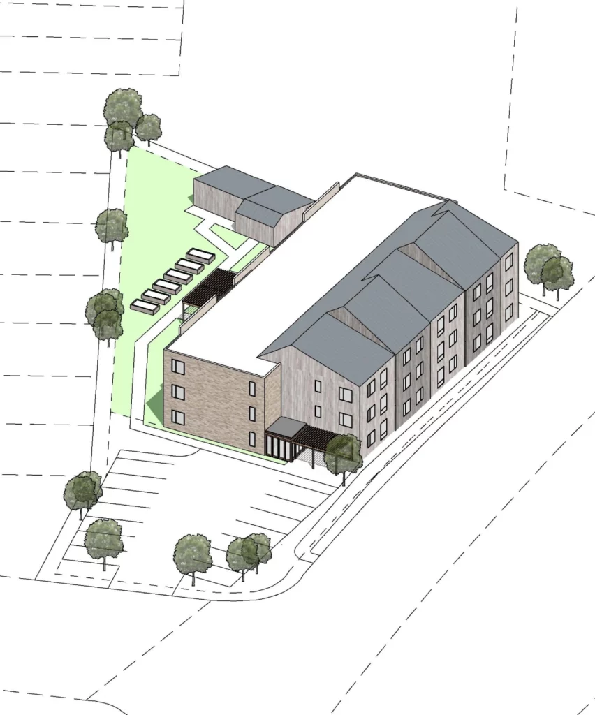 a line drawing of a building, it has an isometric perspective of a multi occupant building with grass and trees around it.